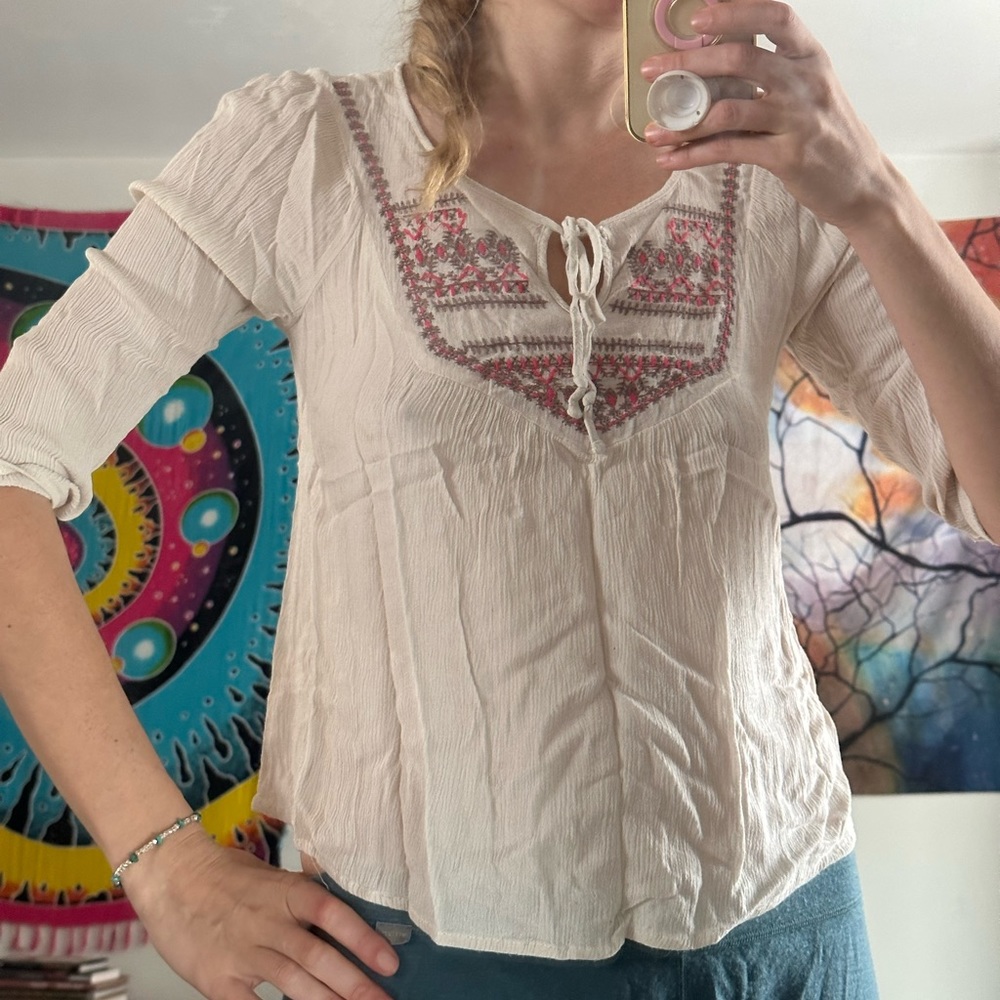 Hippie Top Embroidered Linen Bohemian Summer Shirt Beach Size Medium